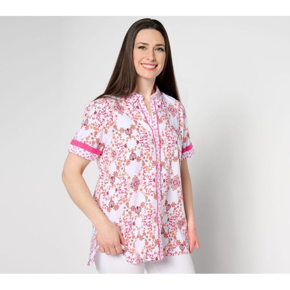 Susan Graver Women's Top Sz M PASSPORT Rayon Woven Button Multi-colored A647446